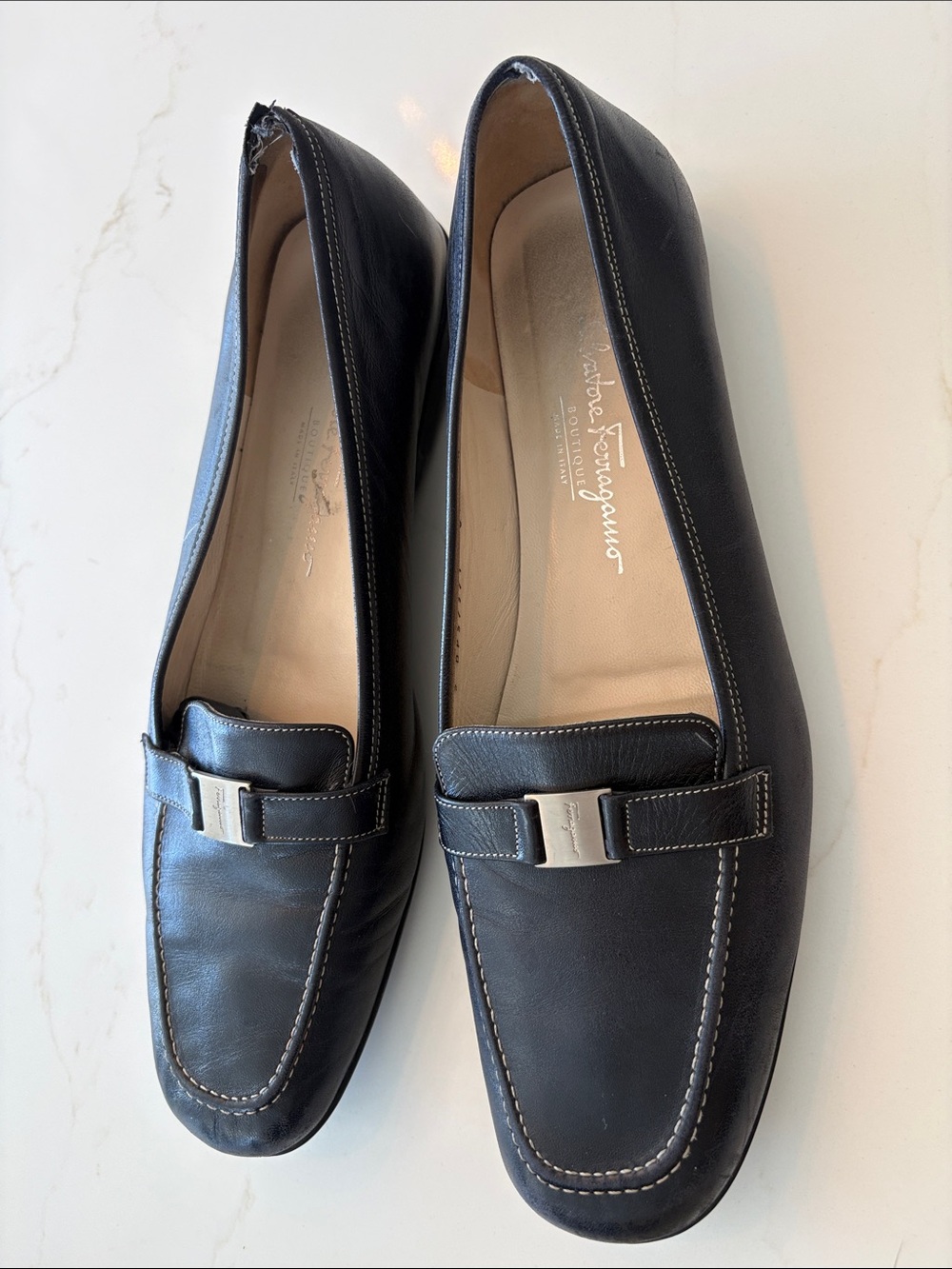 Salvatore Ferragamo Black Leather Penny Loafers with Silver Hardware